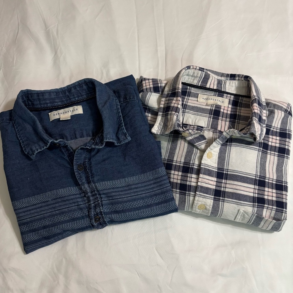 Aeropostale Men's Navy Polo & White Black Plaid Button-Down Shirt Bundle Size L
